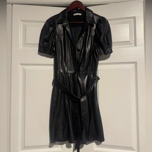 Alice + Olivia Black Leather Dress with Puff Sleeves